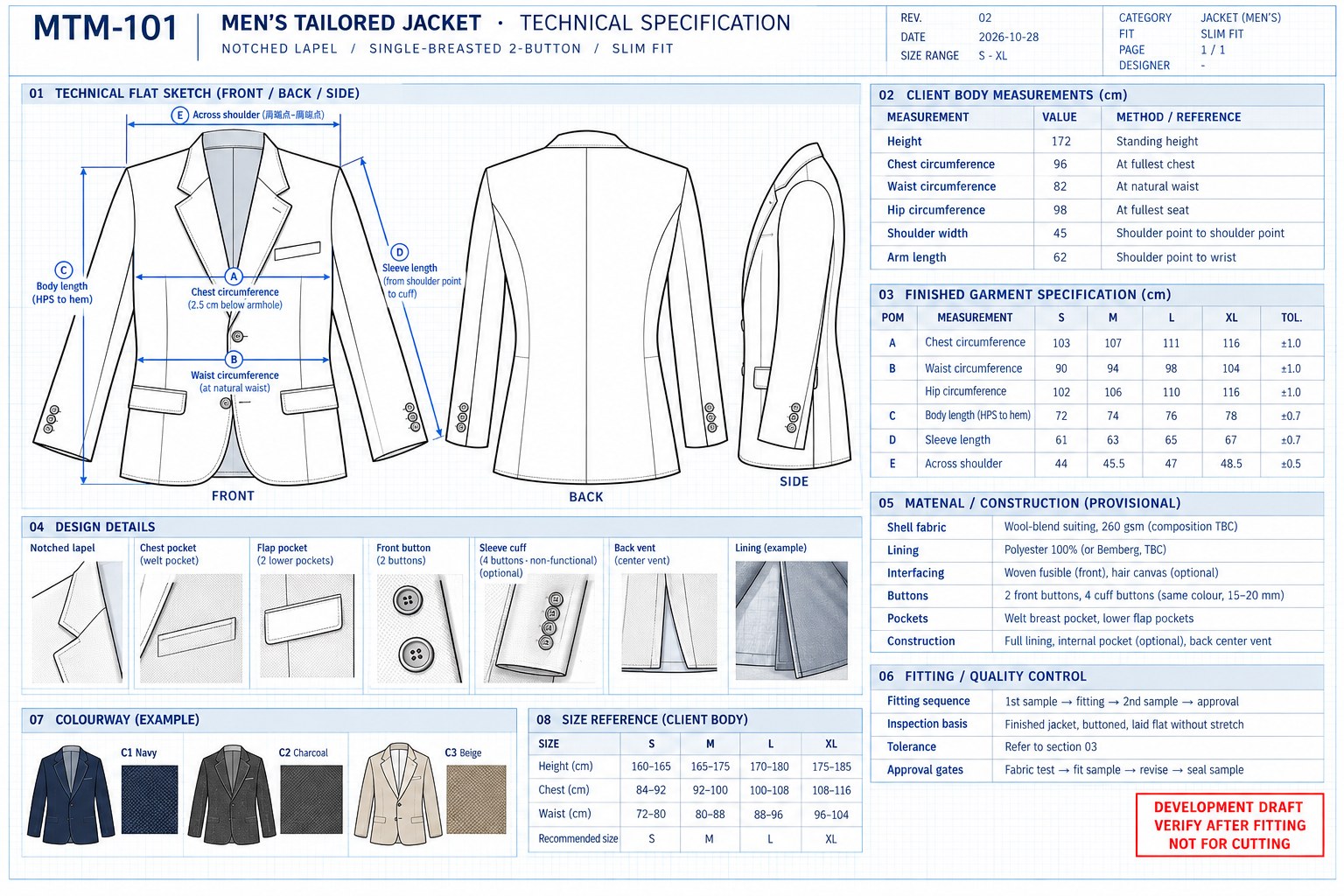 Technical flat of a tailored jacket with measurements