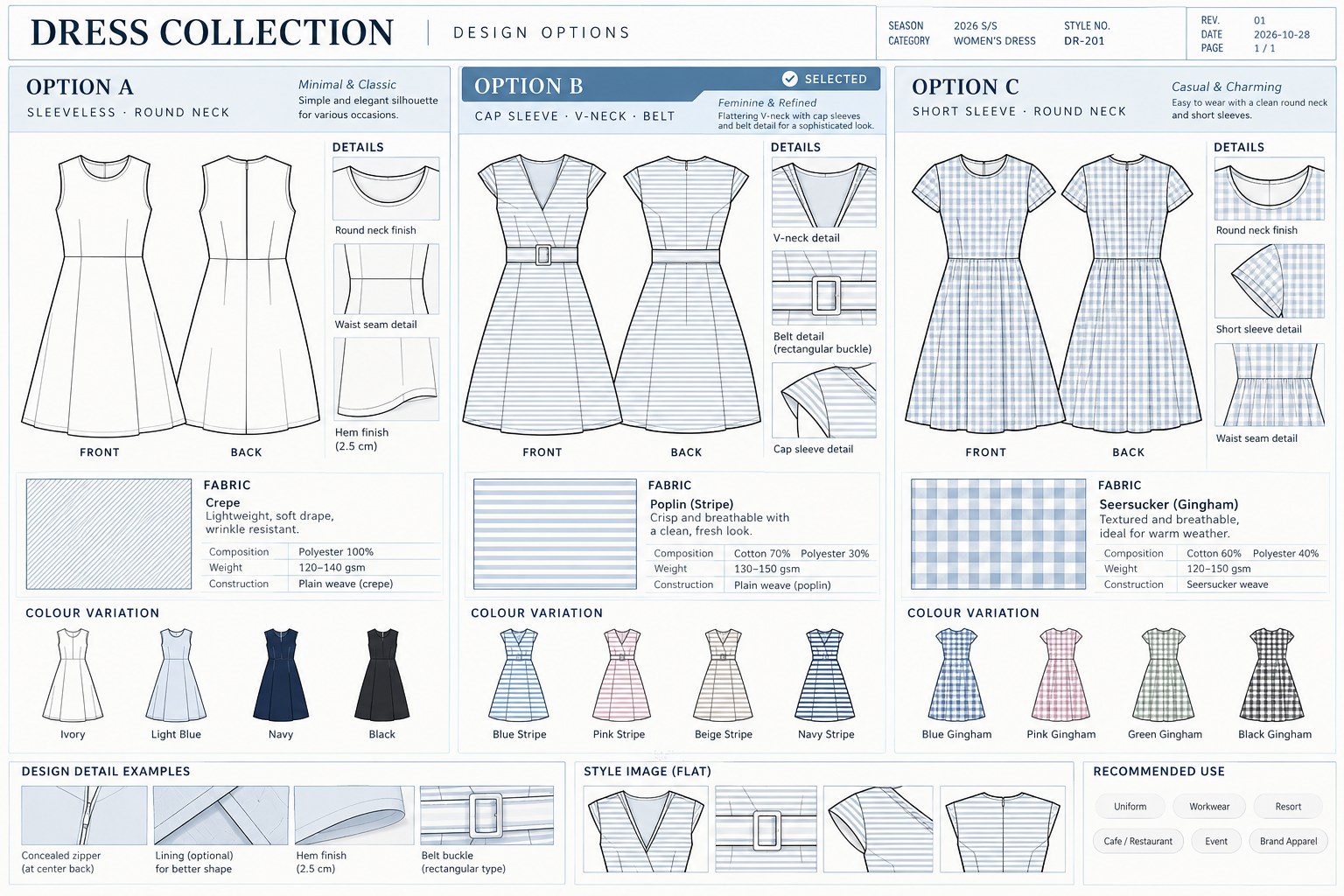Three dress design options with fabric swatches