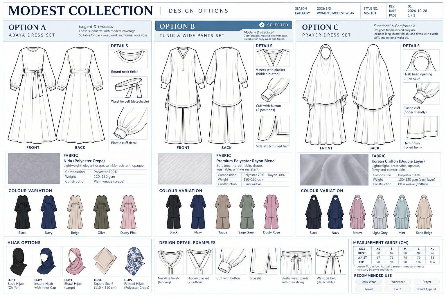 Three dress design options with fabric swatches