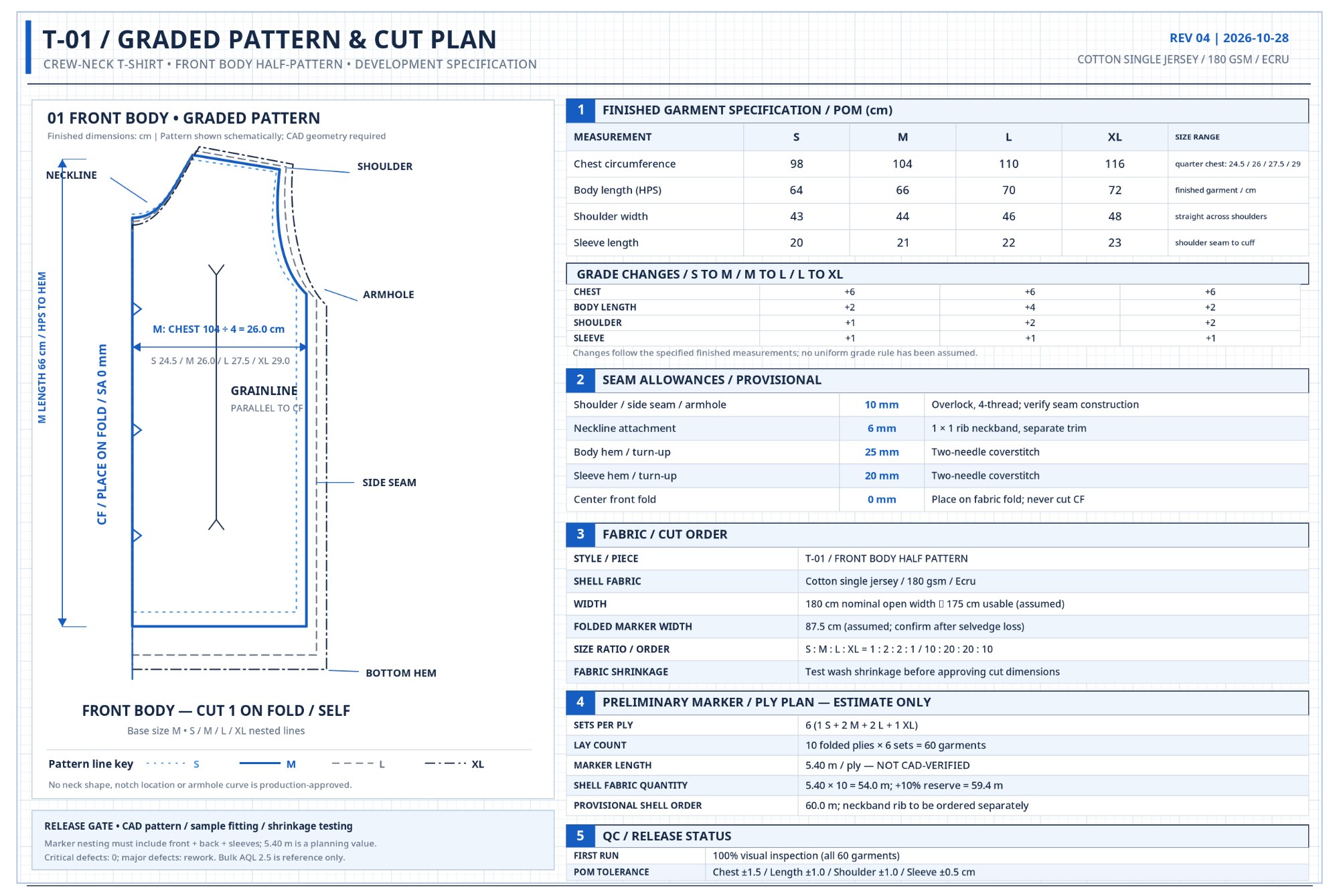 Technical flat of a T-shirt with measurement points and a size table
