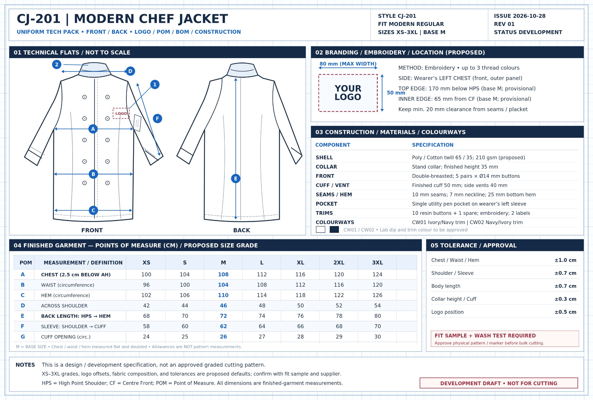 Technical flats of a chef jacket and a polo shirt with logo placement